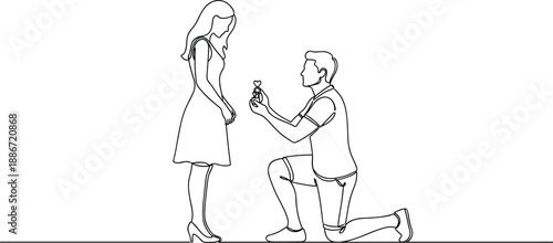 Marriage proposal line art, man kneeling with ring, romantic engagement moment, love concept, couple relationship, minimalist drawing, black and white