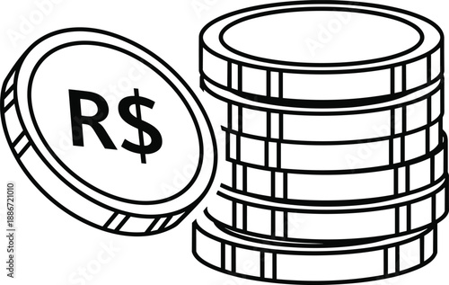 Money coins stack, rupee symbol, financial savings, investment concept, cash currency, wealth banking, accounting line art, vector illustration, isolated white