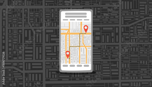 Travel destination concept banner. Smart phone screen with route and points of destination on the black city streets background. Flat vector illustration.	