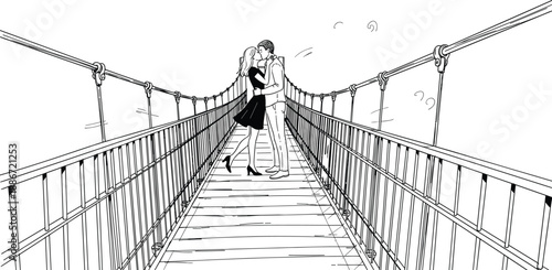 Romantic couple kissing on bridge, love illustration, line art drawing, black and white, date night, relationship, sketch style, romantic scene