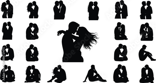 Romantic couple silhouettes collection, showcasing love, intimacy and affection poses for valentine design, modern romance art dating passion relationship illustration