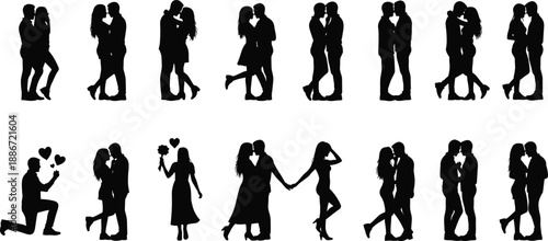 Romantic couple silhouettes set, kissing, hugging, proposal, love poses, relationship moments, black vector, isolated design, dating, passion, romance