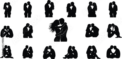 Romantic couple silhouettes set, kissing and hugging poses, love relationship moments, dating passion, black vector, isolated design, intimate romance illustration