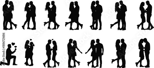 Romantic couple silhouettes set, love poses, kissing, hugging, proposal moments, dating scenes, black vector illustration, relationship and romance collection pack