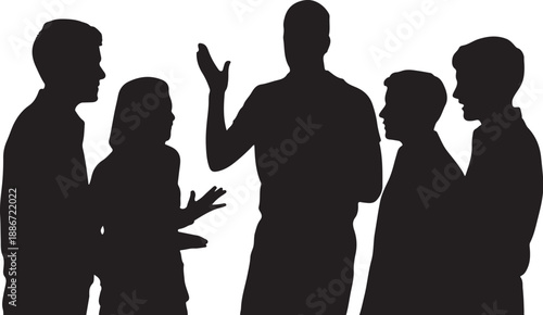 Five silhouetted people engaged in conversation silhouettes