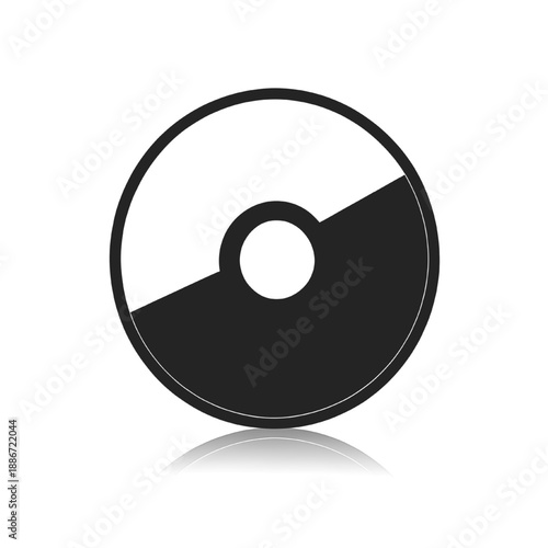 Modern black and white compact disc icon with reflection effect, isolated on transparent background, png.