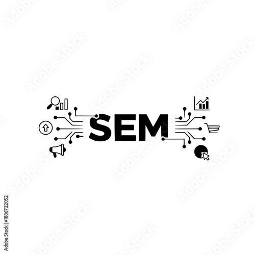SEM concept illustration with marketing icons – black and white line art