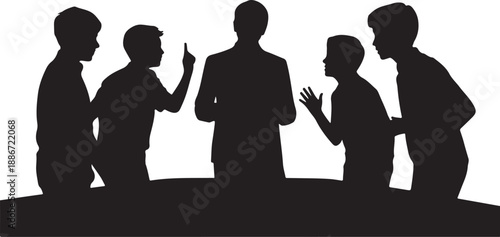 Five silhouetted people in discussion with gestures