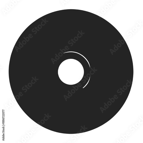 ​Flat minimalist black vinyl record or compact disc icon with white center, isolated on transparent background, png