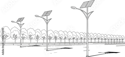Solar street light illustration, renewable energy concept, eco friendly city lighting, sustainable technology, smart urban infrastructure, clean power design