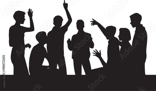 Group of silhouetted people gesturing and interacting
