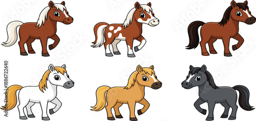 Colorful Cartoon Set of Diverse Horse and Pony Characters with Different Coat Colors for Kids Education Farm Animals and Equestrian Wildlife Vector Illustration