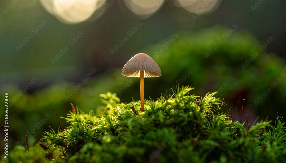 Fototapeta premium Delicate mushroom on moss in a forest setting.