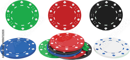 Colorful Set of Casino Poker Chips Including Red Green Black Blue and White Gaming Tokens for Gambling Betting Tournament and Vegas Entertainment Vector
