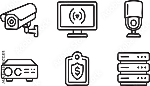 CCTV Surveillance and Security System Line Icon Set