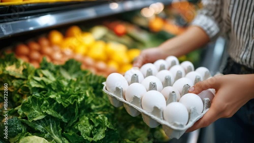 235Side-angle close-up of a customer selecting eggs from a refrigerated display, hands lifting a carton, neatly arranged eggs on shelves, grocery shopping for organic produce