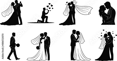 Wedding couple silhouettes, romantic bride groom proposal, engagement, love story, kissing, marriage moments, elegant black vector illustration, ceremony collection set