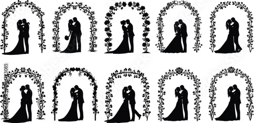 Wedding couple silhouettes, romantic kissing bride groom, floral arch frames, love ceremony decorations, elegant black vector illustration collection set design