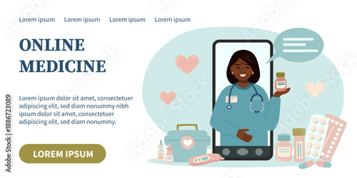 Medical concept banner. Online medical consultation with doctor on smartphone screen. Concept of online medicine, healthcare, clinic, video call and remote treatment. Vector hand drawn background.