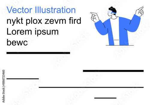 Marketing, presentations, communication, design, education, creativity. A character pointing with text boxes and editable lines. Marketing and presentations concept