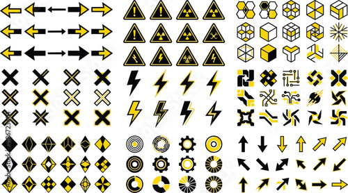 Arrow icons, warning signs, gear symbols, abstract shapes, black and yellow vector, UI design, signage elements, graphic set, interface, caution