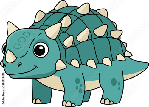 A cartoon stegosaurus dinosaur illustration with spikes on its back viewed from the side