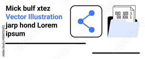 Data sharing, digital communication, file management, network connections, binary code, information exchange. Blue network symbol and folder with binary files. Data sharing and digital communication