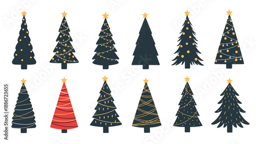 Set of twelve stylized black Christmas trees decorated with golden stars and garlands for a modern and minimalist holiday design.