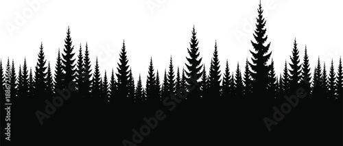Dense pine forest silhouette treeline against white sky forming minimalist wilderness landscape background ideal for banners, headers, and stock design