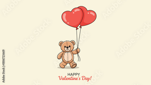 Adorable teddy bear walking while holding two large red heart balloons on a neutral beige background for Valentine Day celebration.
