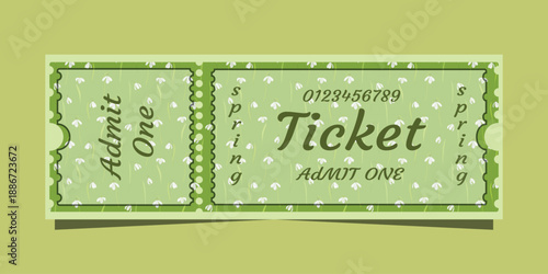 Spring Ticket, Vintage Admit One Voucher. Event Ticket Template, Decorative Pass Design. Vintage Ticket Stub, Spring Event Voucher