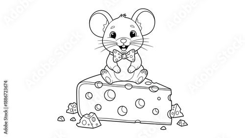 Cute mouse character wearing a bowtie and sitting on a large piece of Swiss cheese for kids coloring book or educational activities.