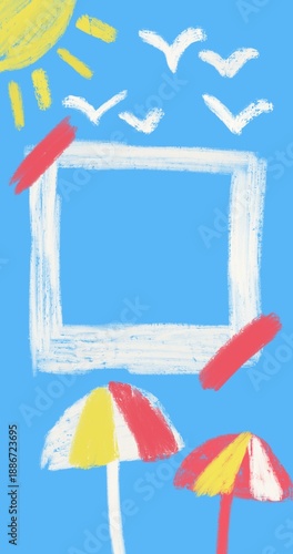 Summer beach illustration frame with sun umbrellas and sky