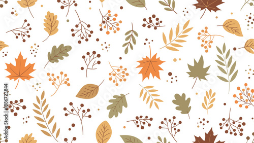 Comprehensive seamless pattern with various autumn leaves and berries in warm earthy tones on a plain white background for decor.