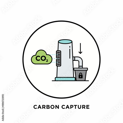 Minimal vector illustration of carbon capture machine absorbing CO2, isolated on white