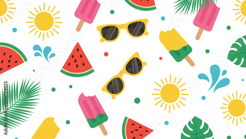 Vibrant summer pattern includes yellow sunglasses bright suns pink popsicles and watermelon slices for a joyful tropical feel.