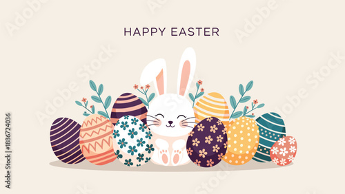 Happy easter illustration features a cute white bunny surrounded by many colorful decorated eggs and floral elements.