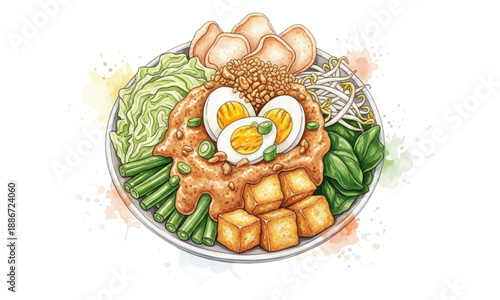 Gado-Gado Indonesian Mixed Vegetable Salad with Peanut Dressing Illustration