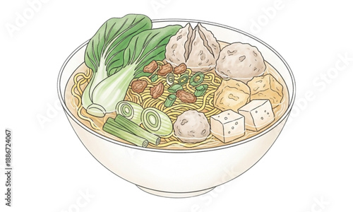 Authentic Indonesian Meatball Soup Bakso Bowl Digital Watercolor