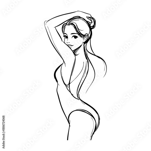 Dibujo sencillo con líneas de una mujer joven de pie con bañador de perfil 