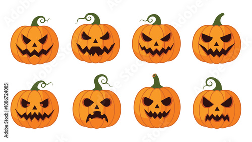 Set of eight unique jack o lantern pumpkin faces with different spooky expressions for halloween celebration and decor.