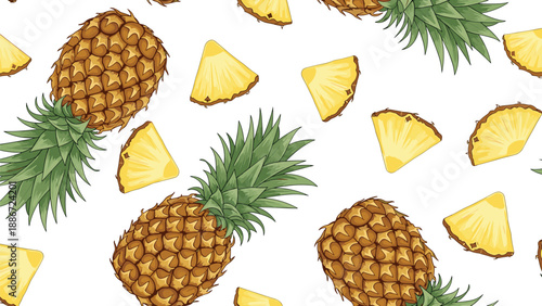Seamless pattern features whole ripe pineapples and yellow fruit slices on a white background for a refreshing summer vibe.