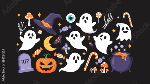 Fun collection of halloween clipart includes friendly ghosts pumpkins hats candy and spooky symbols on a dark background.
