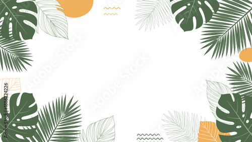 Tropical leaf border features various green palm and monstera leaves with abstract shapes for a modern nature background.