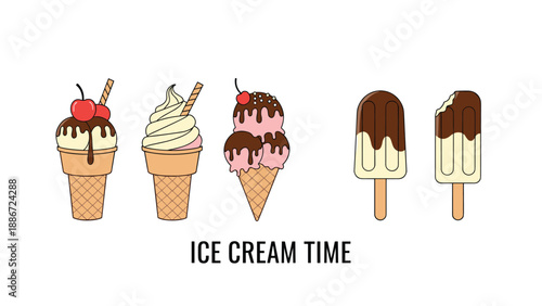 Set of delicious ice cream cones and chocolate dipped popsicles celebrates ice cream time with a sweet and simple design.