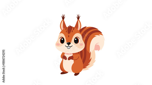 Adorable cartoon squirrel stands on its hind legs with a friendly expression and fluffy tail on a clean white background.