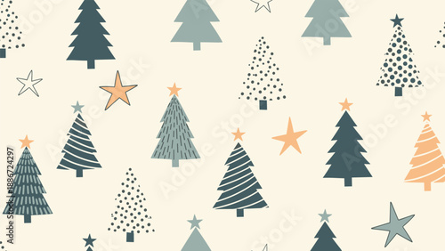 Seamless winter pattern showcases various stylized christmas trees and stars in muted green and orange tones for holidays.