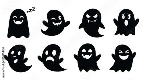 Collection of eight black ghost silhouettes with diverse facial expressions including happy, angry, scared, and sleepy on a white background.