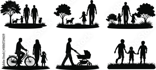 Family silhouette illustration set showing parents and children walking, cycling, playing with dog, stroller moments, outdoor lifestyle scenes on white background