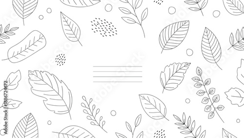 Minimalist background frame featuring various leaf outlines with dashed line details and empty central space with lines for writing.